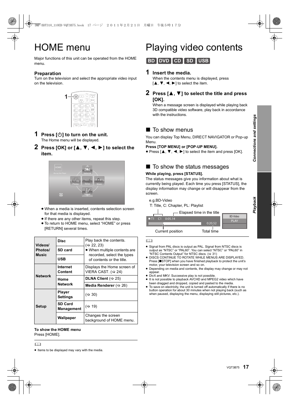 Home menu, Playing video contents, Bd dvd cd sd usb | Panasonic DMP-BDT210 User Manual | Page 17 / 44