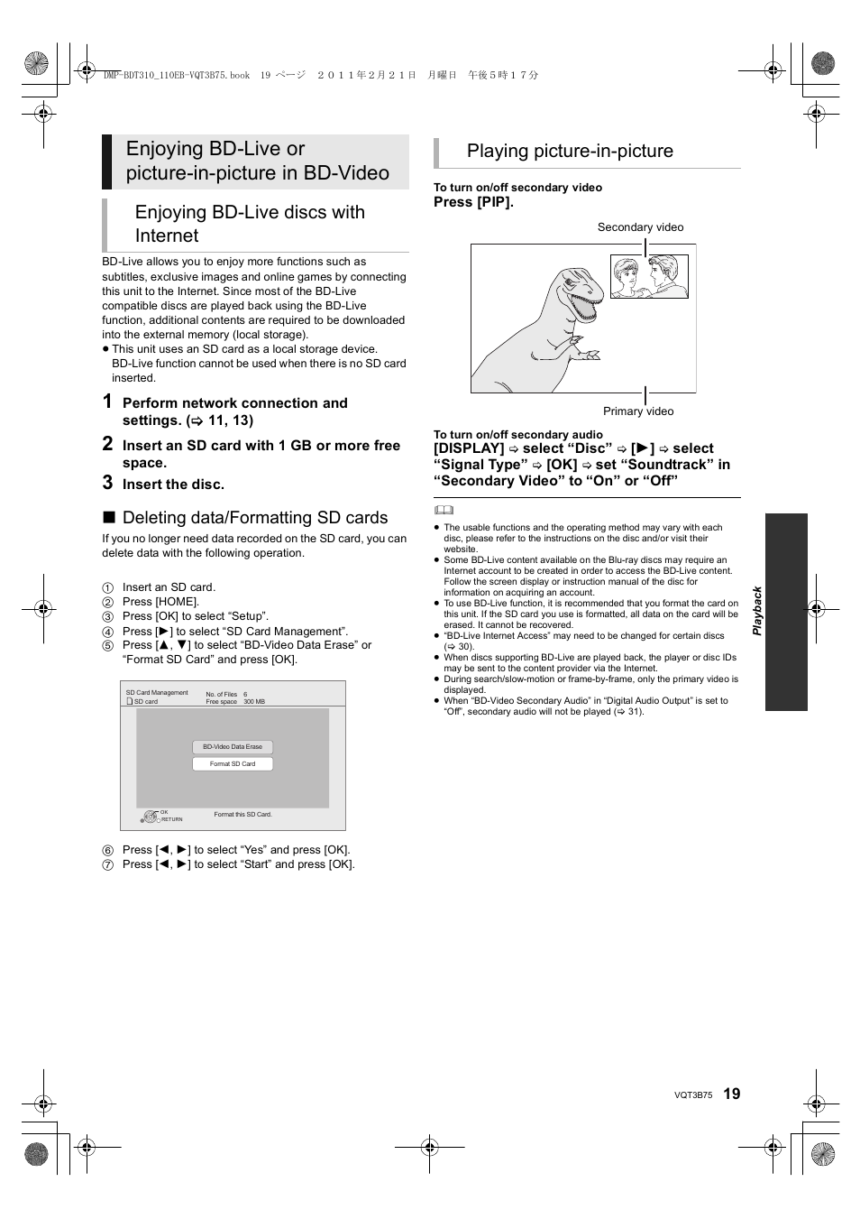 Enjoying bd-live or picture-in-picture in bd-video, Enjoying bd-live discs with internet, Playing picture-in-picture | Deleting data/formatting sd cards | Panasonic DMP-BDT210 User Manual | Page 19 / 44