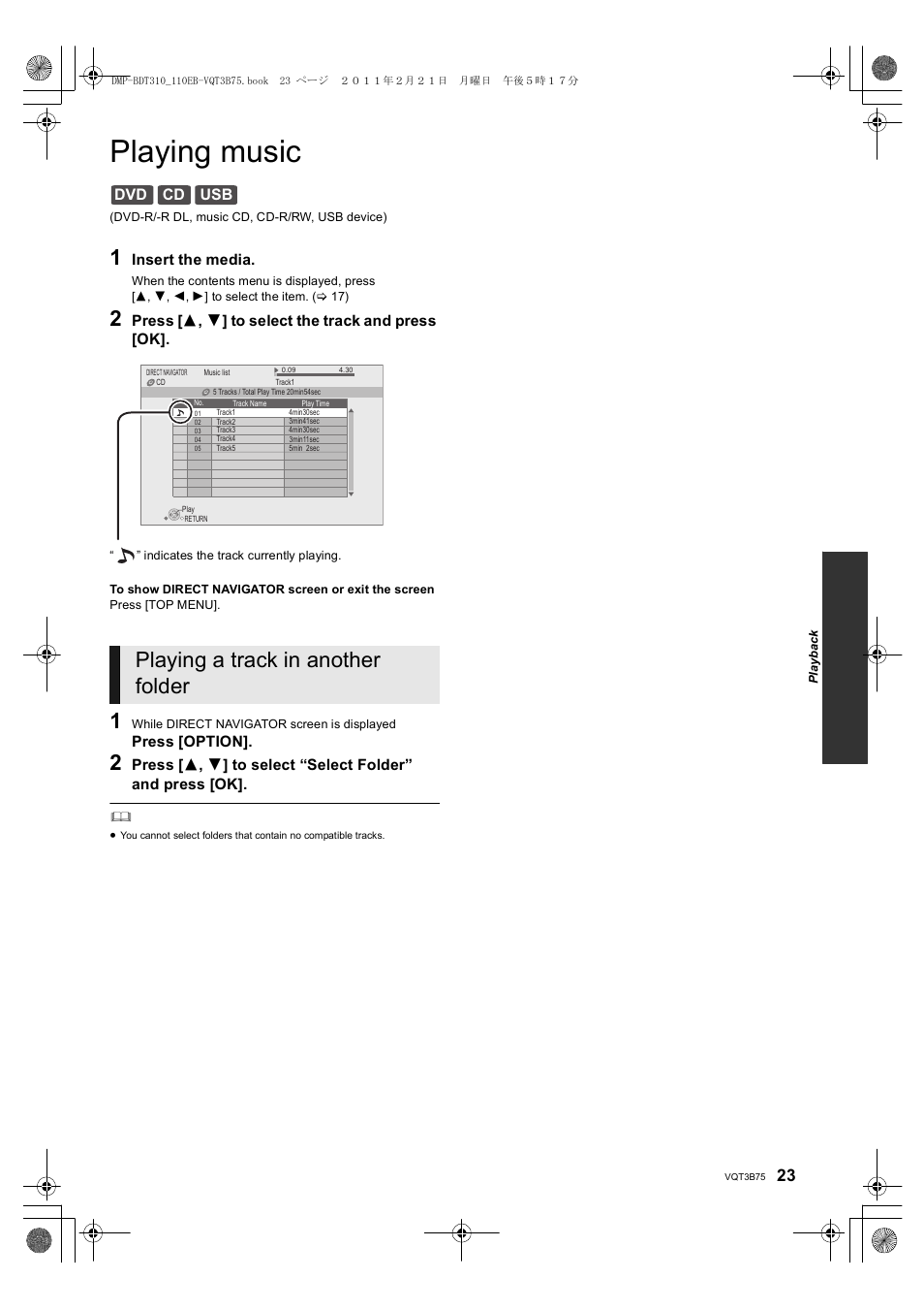 Playing music, Playing a track in another folder, Dvd cd usb | Panasonic DMP-BDT210 User Manual | Page 23 / 44