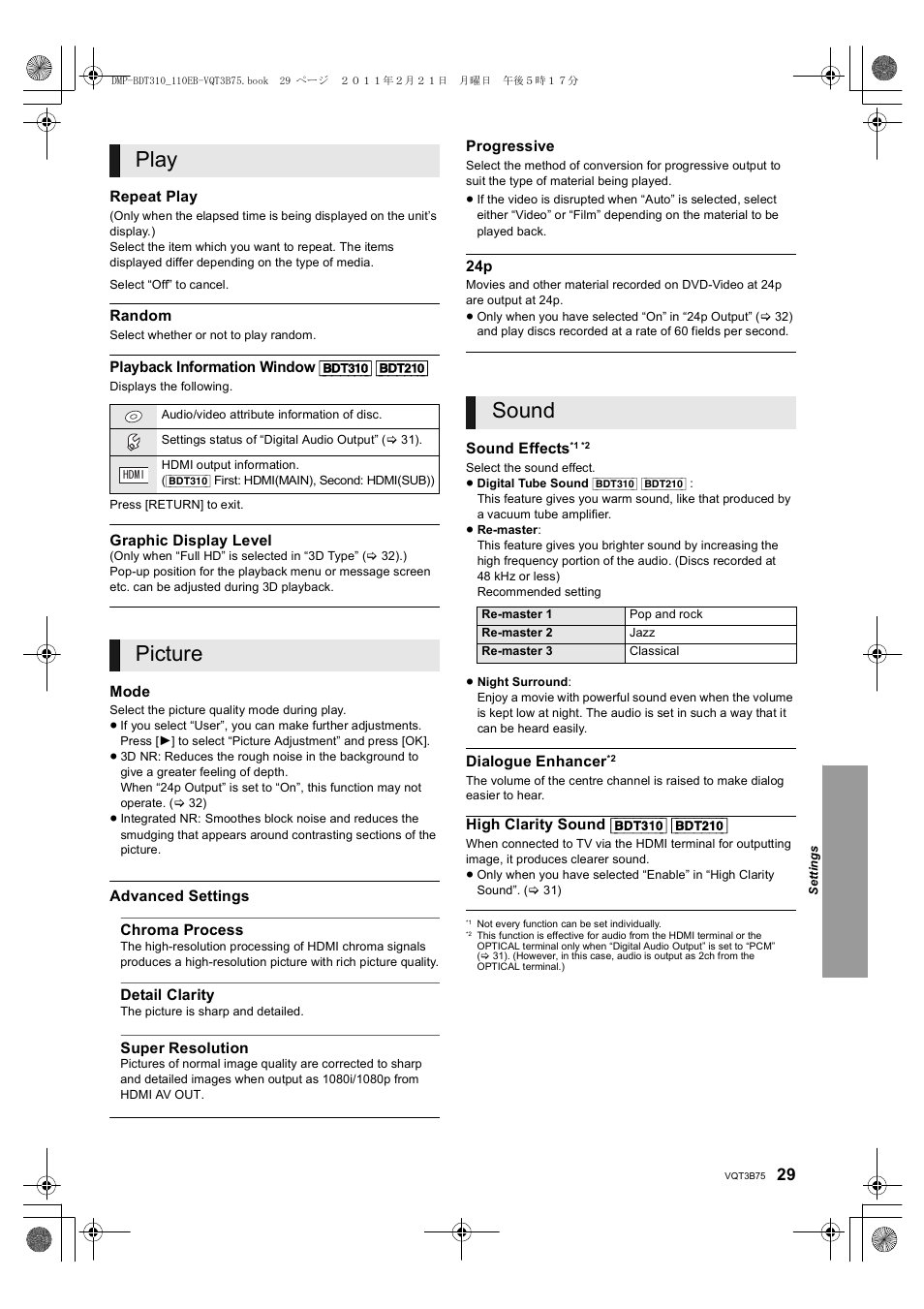 Play, Picture, Sound | Panasonic DMP-BDT210 User Manual | Page 29 / 44