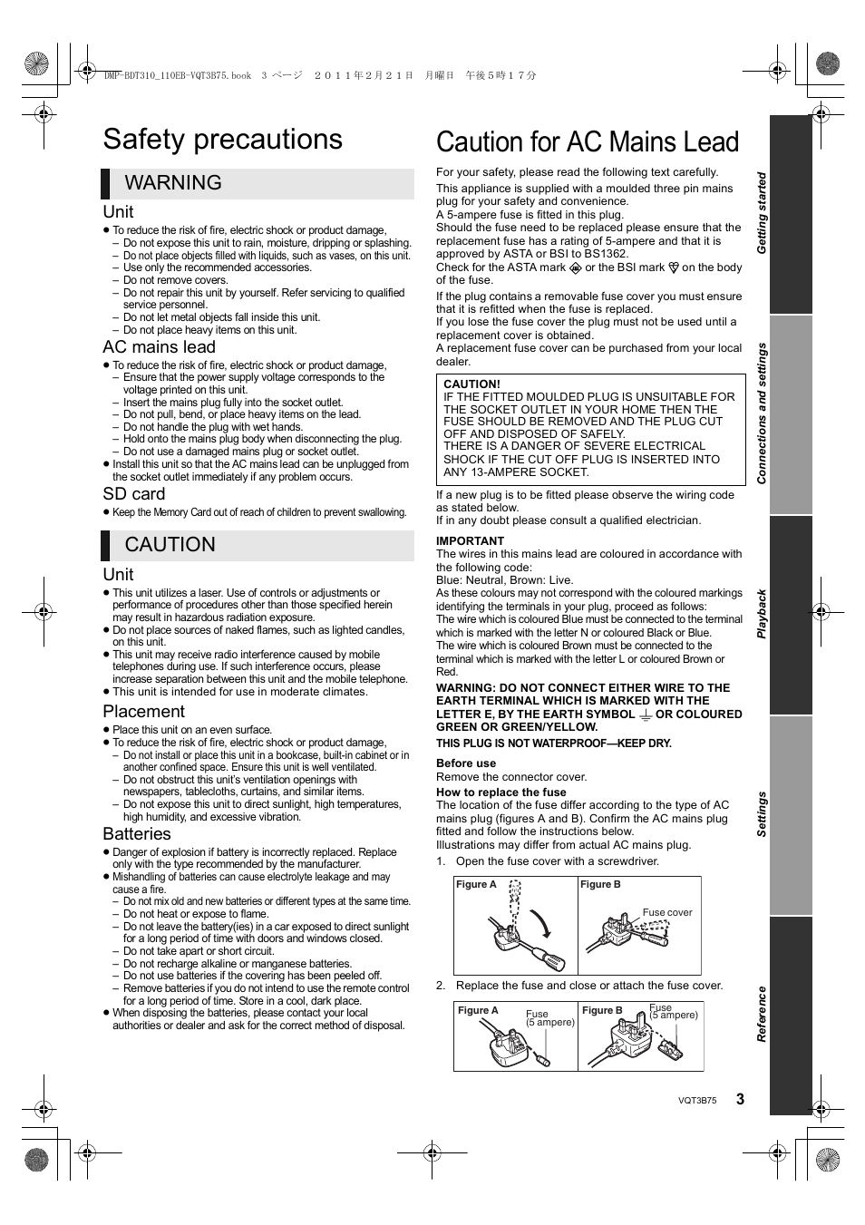 Safety precautions, Caution for ac mains lead, Warning caution | Unit, Ac mains lead, Sd card, Placement, Batteries | Panasonic DMP-BDT210 User Manual | Page 3 / 44