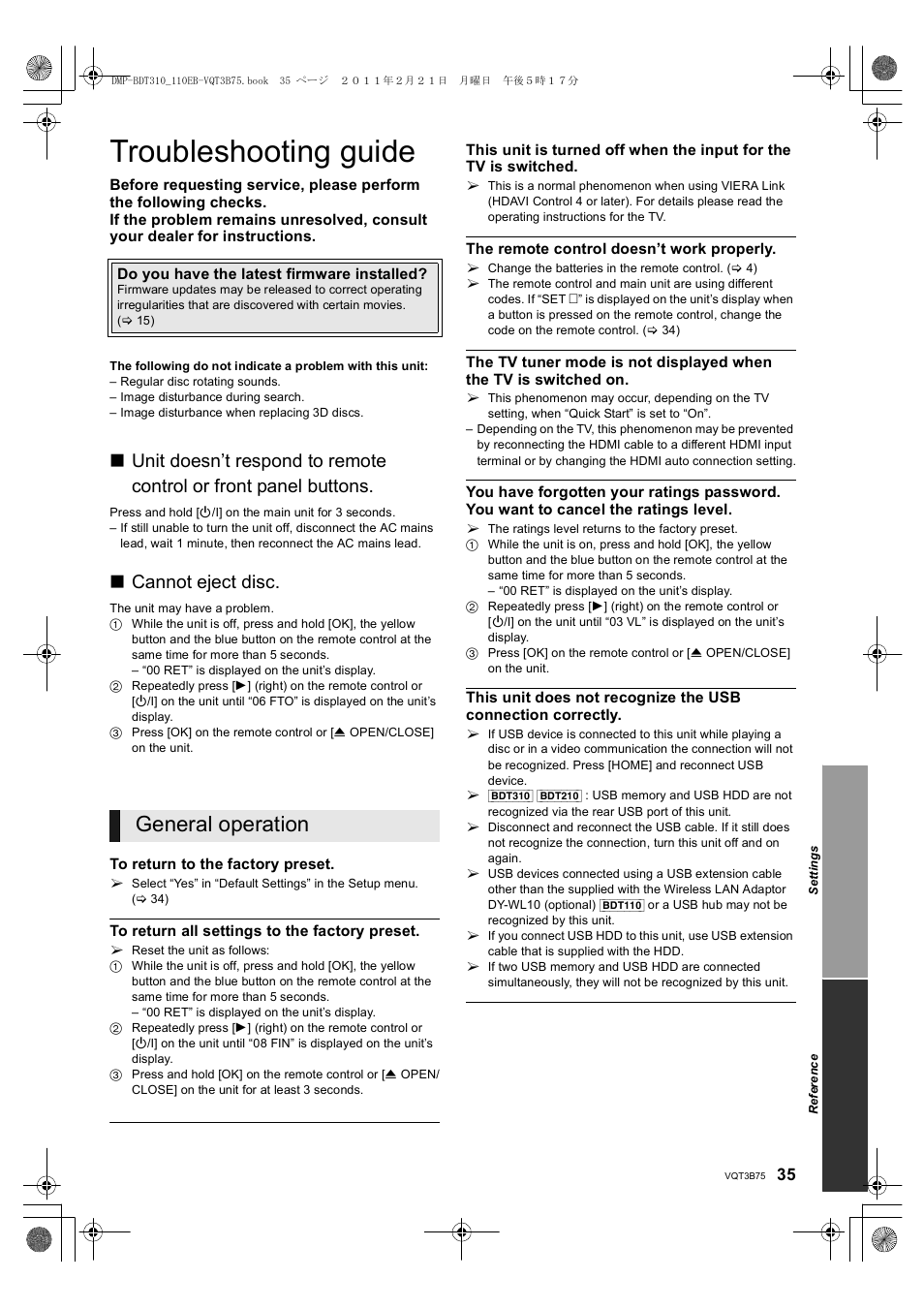 Troubleshooting guide, General operation, Cannot eject disc | Panasonic DMP-BDT210 User Manual | Page 35 / 44