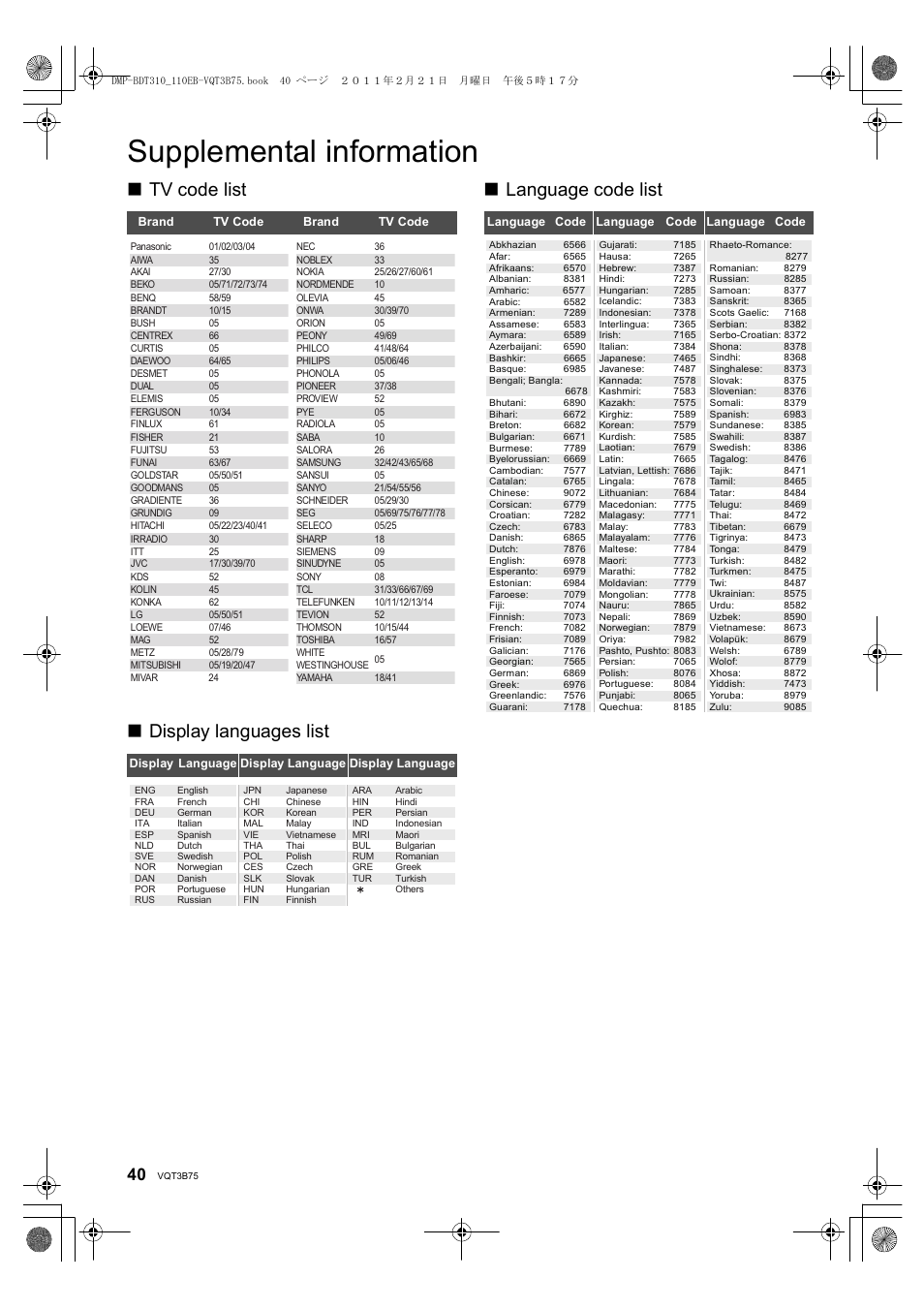 Supplemental information | Panasonic DMP-BDT210 User Manual | Page 40 / 44