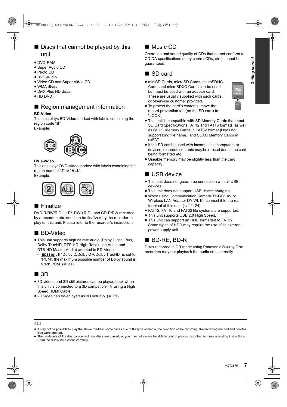 Discs that cannot be played by this unit, Region management information, Finalize | Bd-video, Music cd, Sd card, Usb device, Bd-re, bd-r | Panasonic DMP-BDT210 User Manual | Page 7 / 44