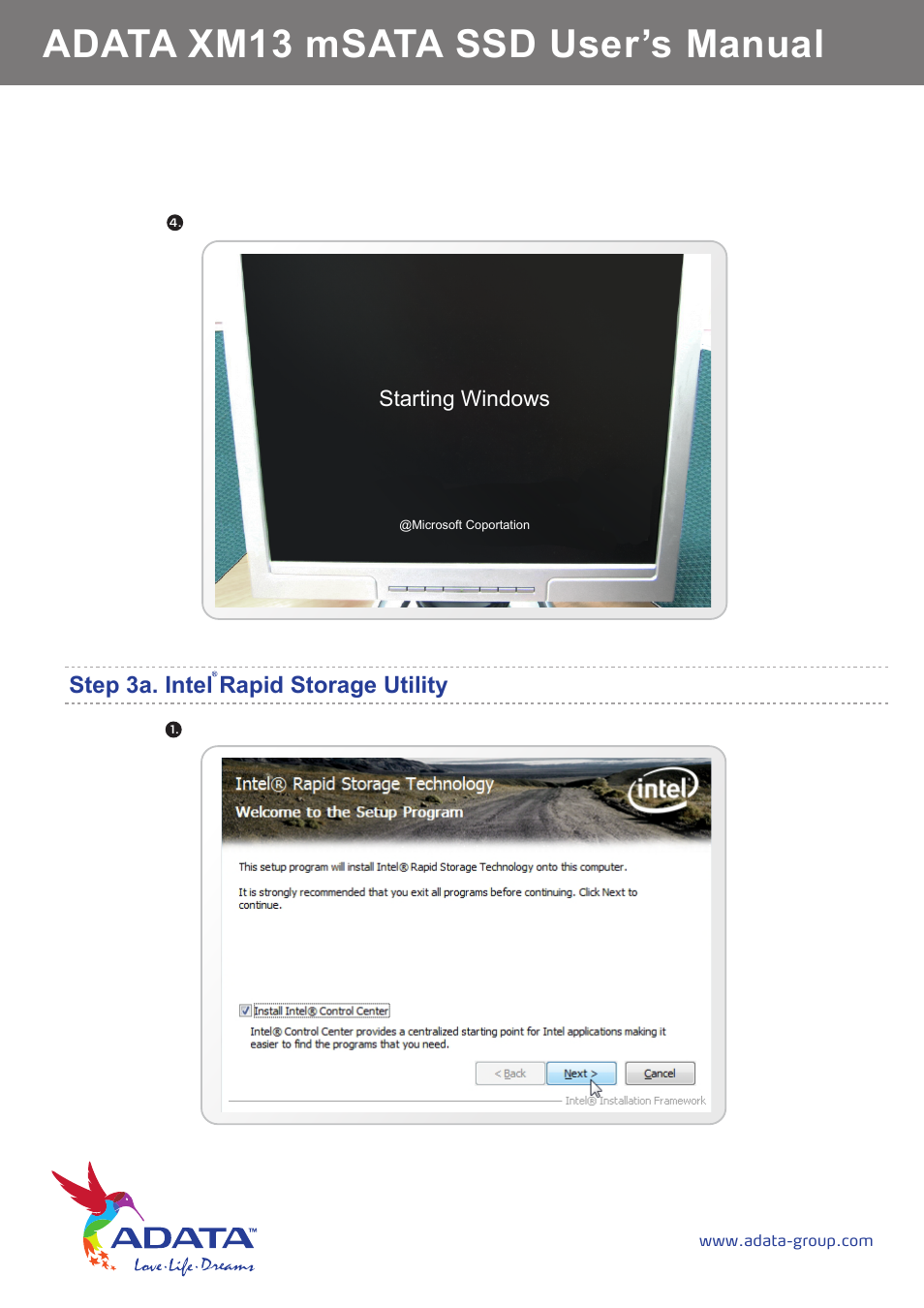 Adata xm13 msata ssd user’s manual, Step 3a. intel rapid storage utility | ADATA XM13 User Manual | Page 4 / 9