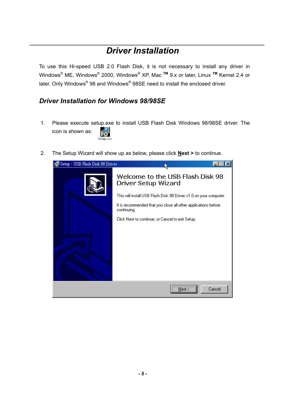 Driver installation, Driver installation for windows 98/98se | ADATA Nobility PD17 User Manual | Page 5 / 15