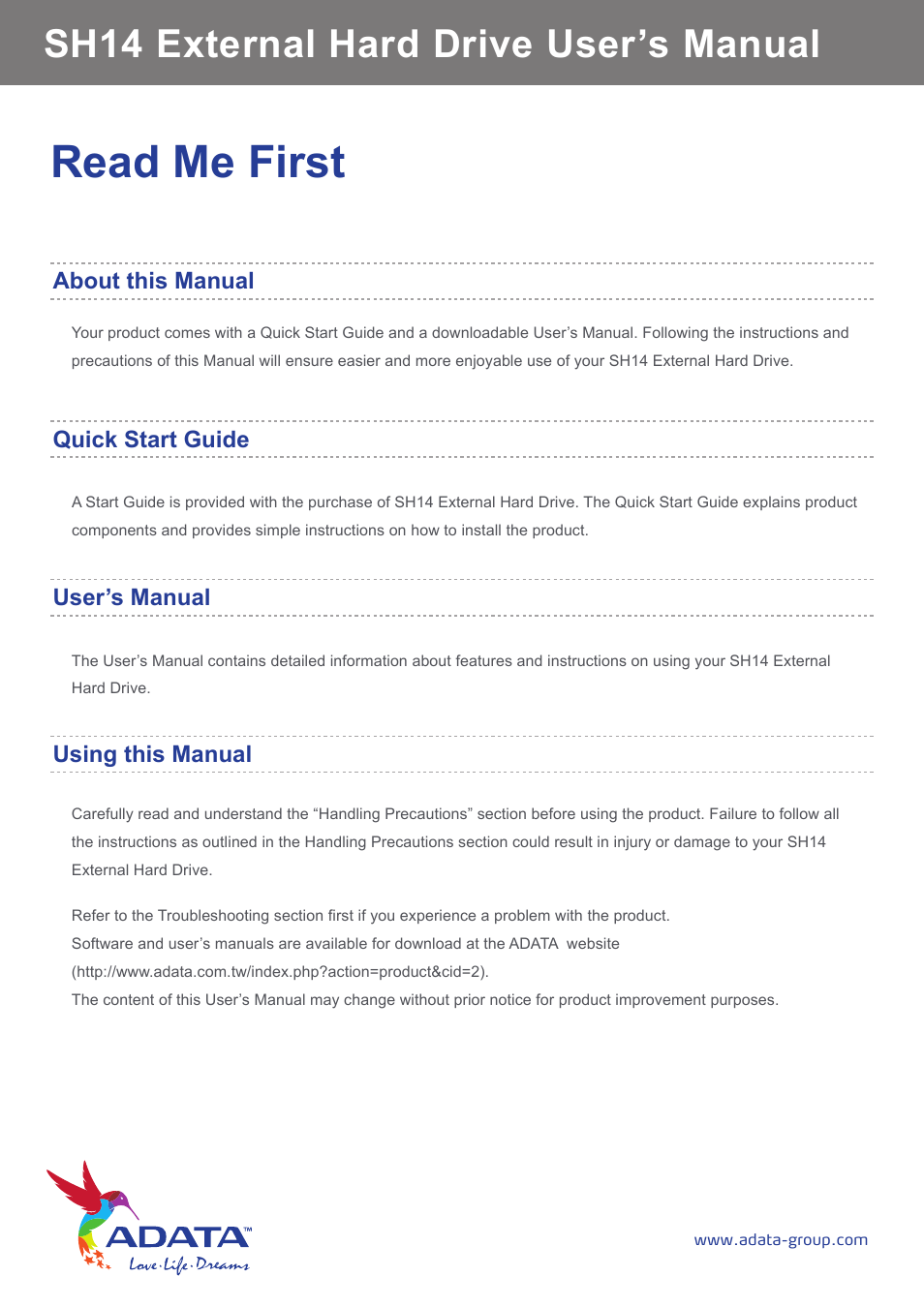 Read me first, Sh14 external hard drive user’s manual | ADATA SH14 User Manual | Page 2 / 18