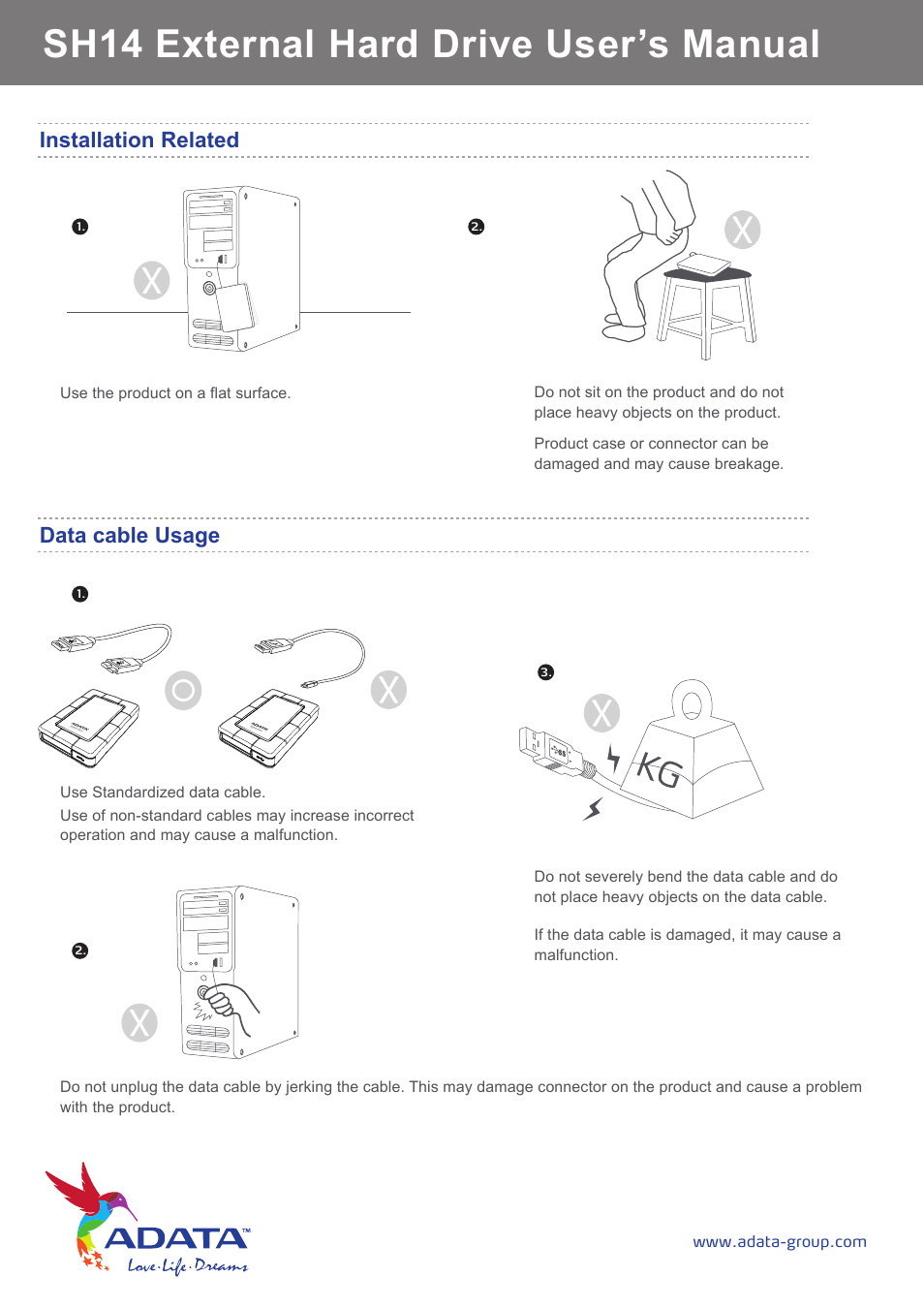 Sh14 external hard drive user’s manual, Installation related, Data cable usage | ADATA SH14 User Manual | Page 5 / 18