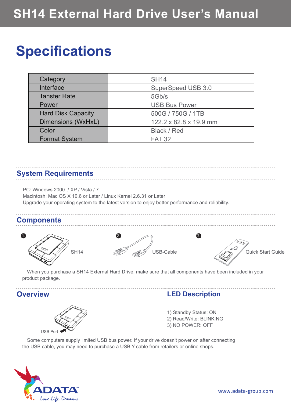 Specifications, Sh14 external hard drive user’s manual, System requirements | Components overview, Led description | ADATA SH14 User Manual | Page 8 / 18