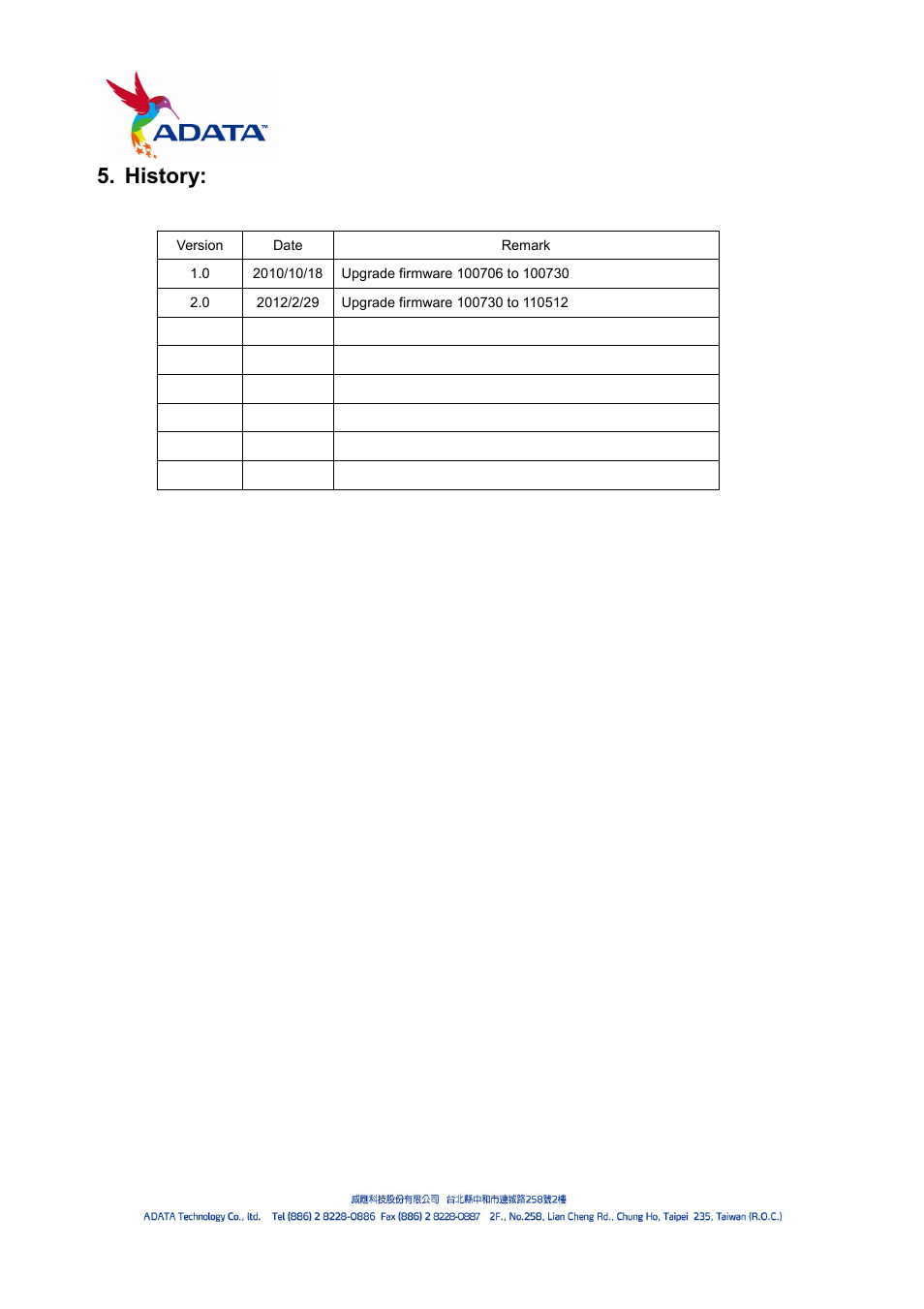 History | ADATA S596 Turbo User Manual | Page 13 / 13