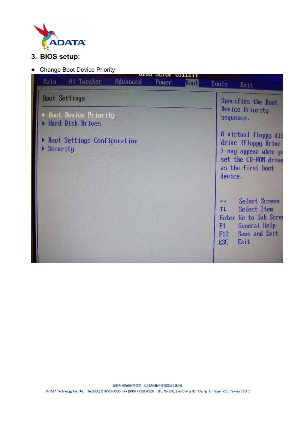 Bios setup | ADATA S596 Turbo User Manual | Page 8 / 13