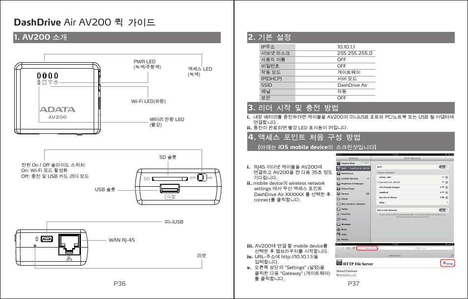 Dashdrive air av200 퀵 가이드, Av200 소개, 기본 설정 3. 리더 시작 및 충전 방법 4. 액세스 포인트 처음 구성 방법 | ADATA DashDrive Air AV200 User Manual | Page 20 / 27