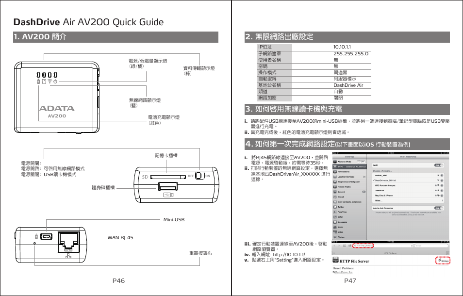 Dashdrive air av200 quick guide, Av200 簡介, 無限網路出廠設定 3. 如何啟用無線讀卡機與充電 4. 如何第一次完成網路設定 | ADATA DashDrive Air AV200 User Manual | Page 25 / 27