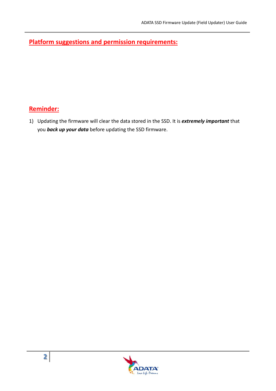 Platform suggestions and permission requirements, Reminder | ADATA SP600 User Manual | Page 2 / 9