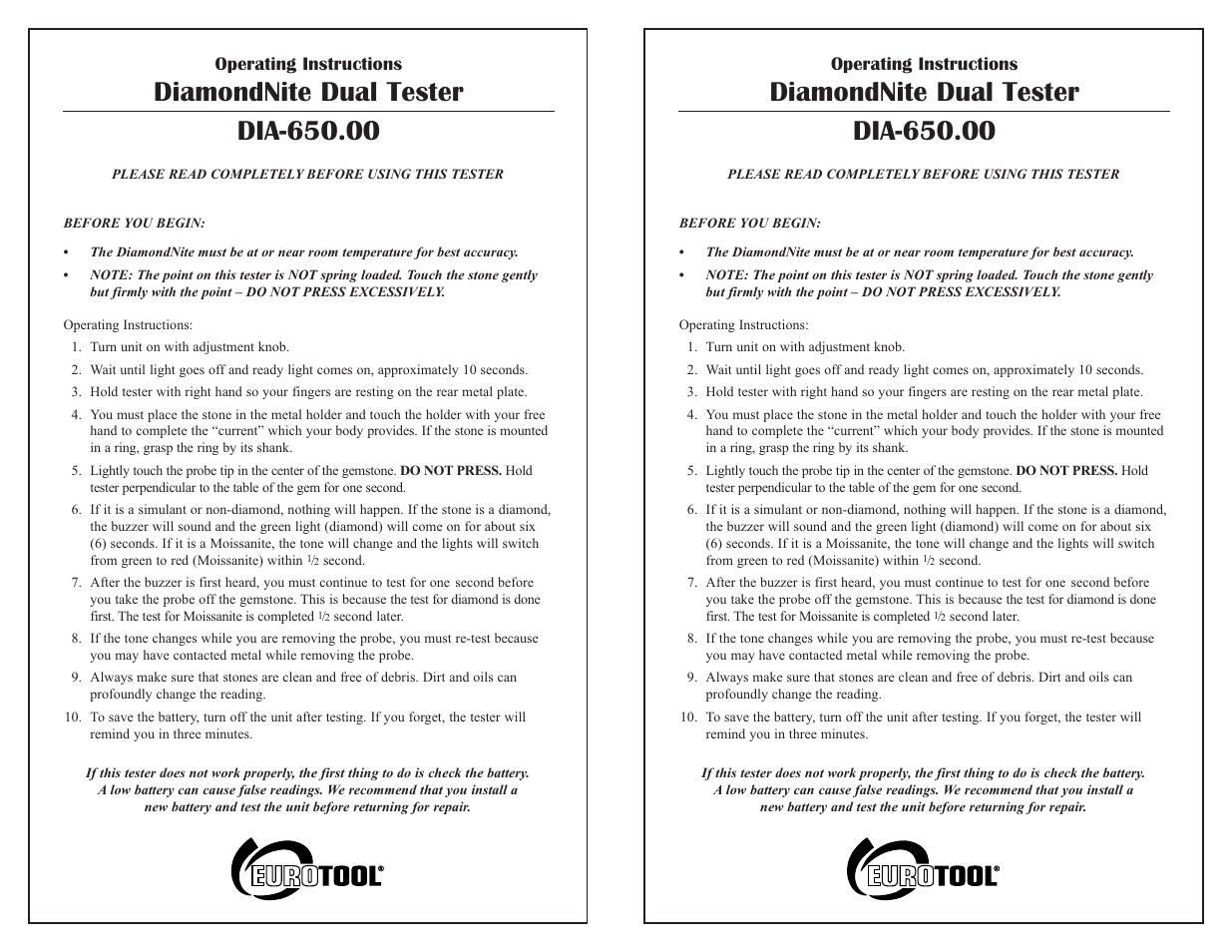 Eurotool DIA-650.00 DiamondNite Dual Tester User Manual | 2 pages