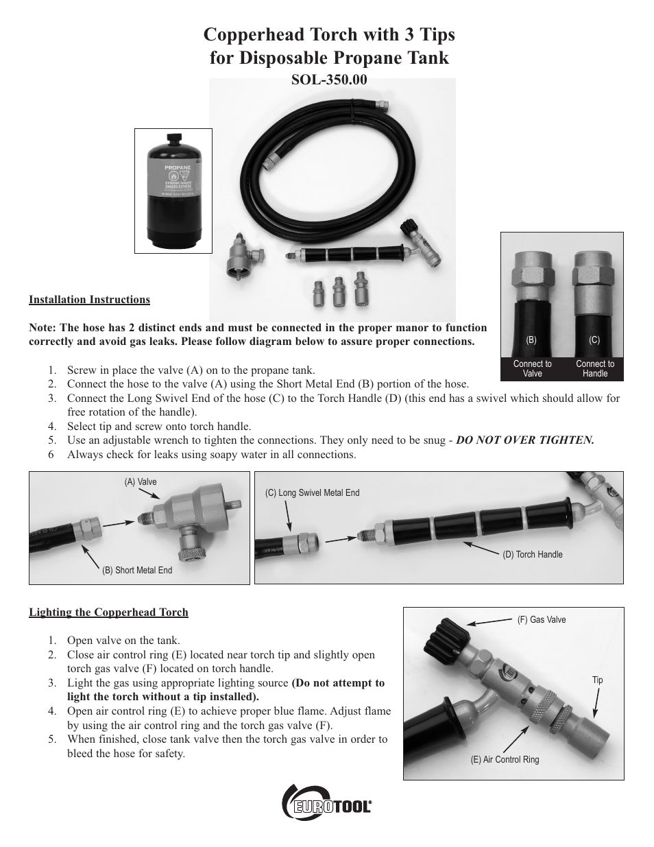 Eurotool Copperhead Torch for Disposable Tank: SOL-350.00 User Manual | 2 pages