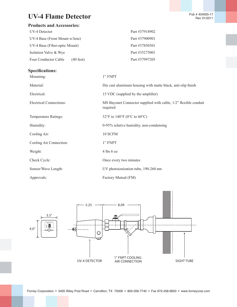 Uv-4 flame detector, Products and accessories, Specifications | Forney UV-4 Detector User Manual | Page 2 / 2
