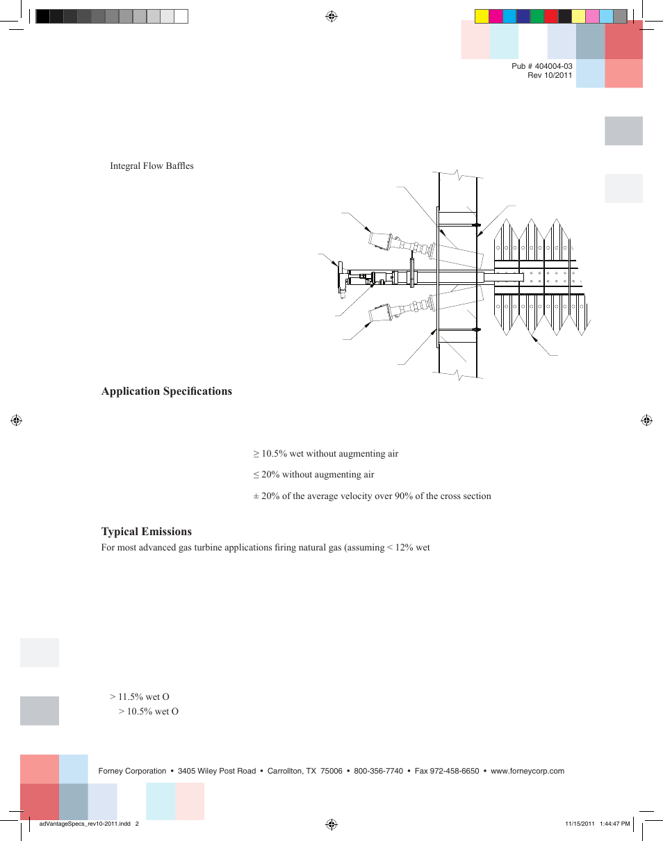Advantage, Duct burner, Burner element detail | Scope of supply, Application specifications, Typical emissions | Forney adVantage User Manual | Page 2 / 2