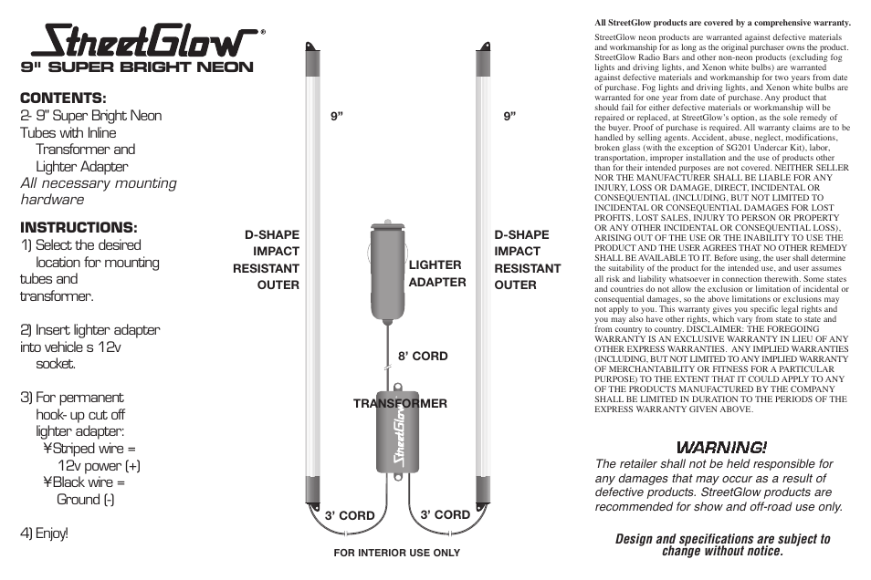 Warning | StreetGlow Super Bright Neon Tubes User Manual | Page 3 / 5