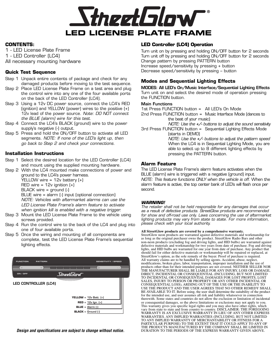 StreetGlow LED License Plate Frame User Manual | 2 pages