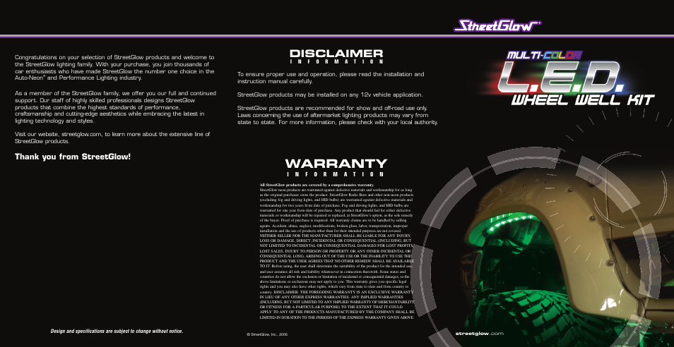 StreetGlow LED Wheel Well Kit User Manual | 2 pages
