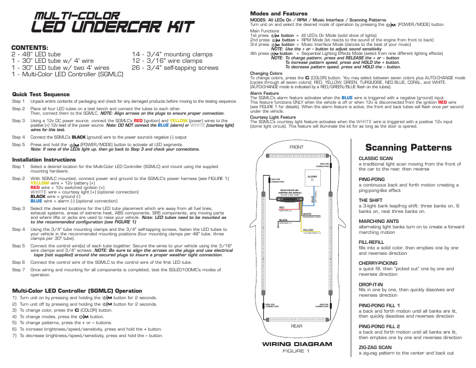 Led undercar kit, Multi-color, Scanning patterns | StreetGlow Multicolor LED Undercar Kit User Manual | Page 2 / 2