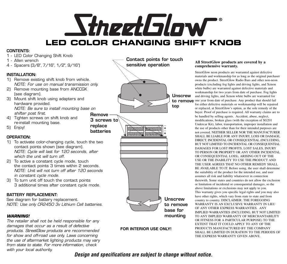 StreetGlow LED Color Changing Shift Knob User Manual | 1 page