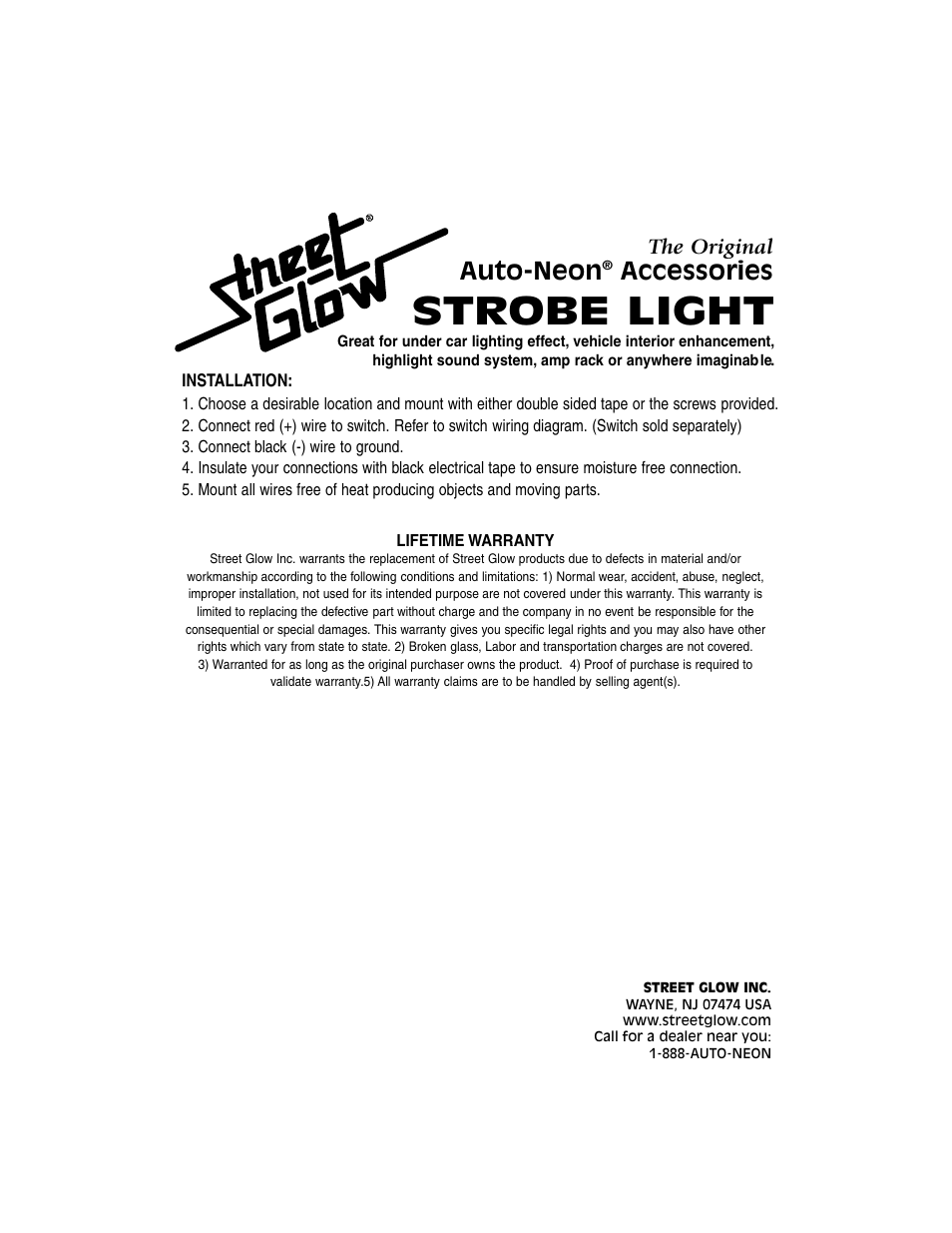 StreetGlow Xenon Strobe Lights User Manual | 1 page