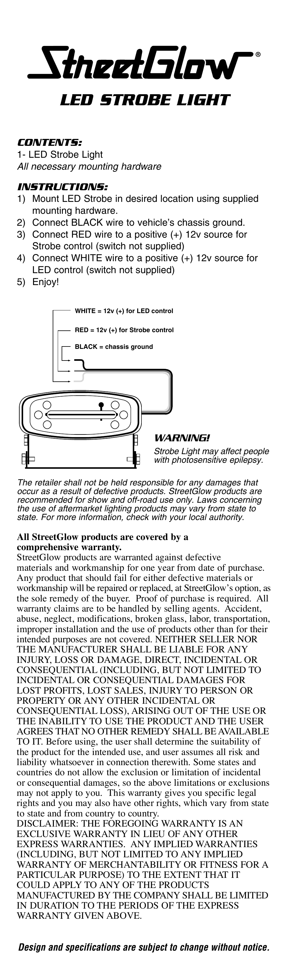 StreetGlow LED Strobe Lights User Manual | 1 page