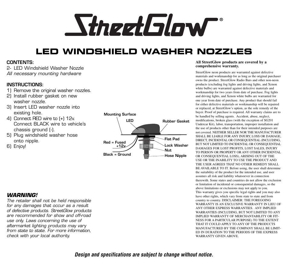 StreetGlow LED Washer Knozzles User Manual | 2 pages