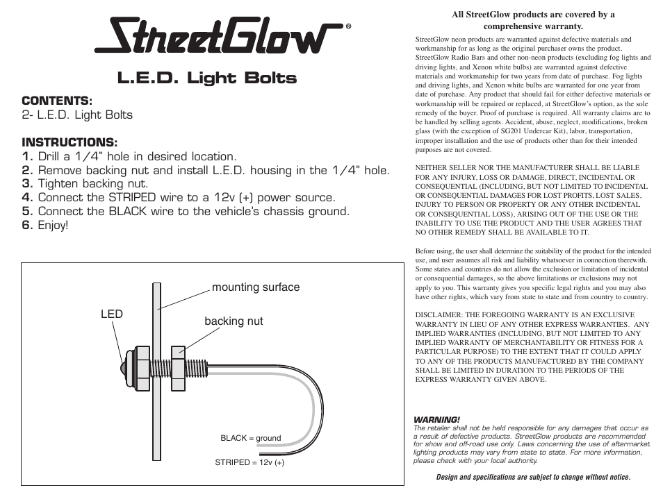 StreetGlow LED Bolts User Manual | 1 page