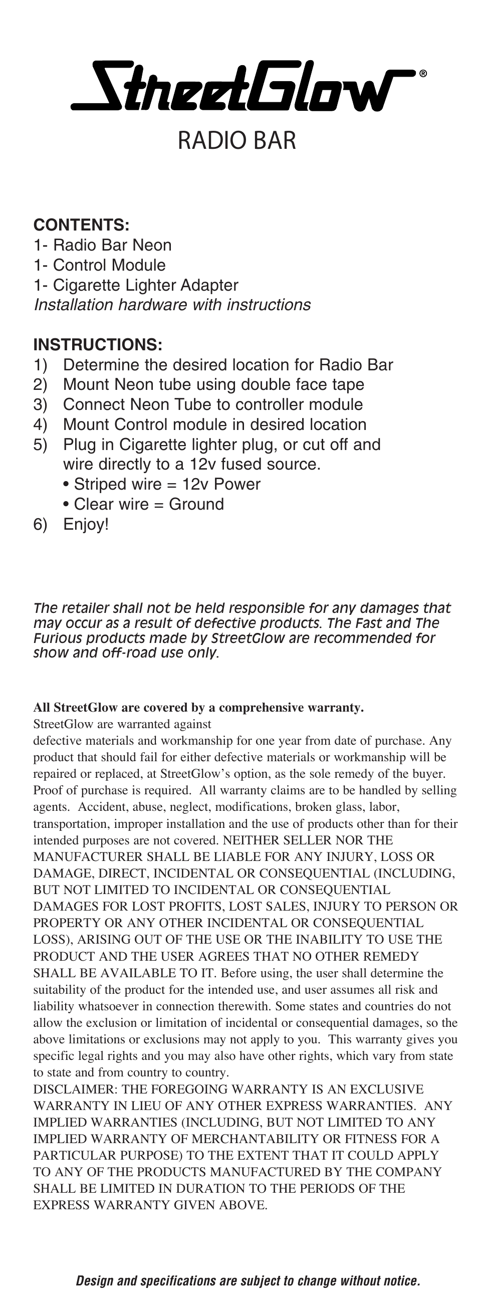 StreetGlow Neon Radio Bar User Manual | 1 page