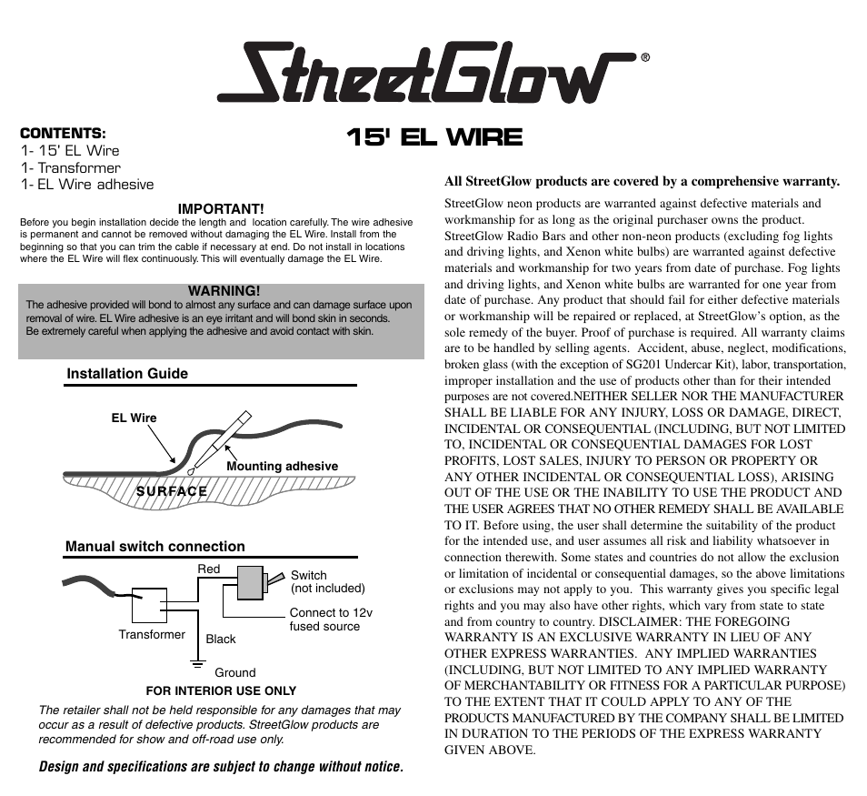 StreetGlow EL Wire User Manual | 2 pages