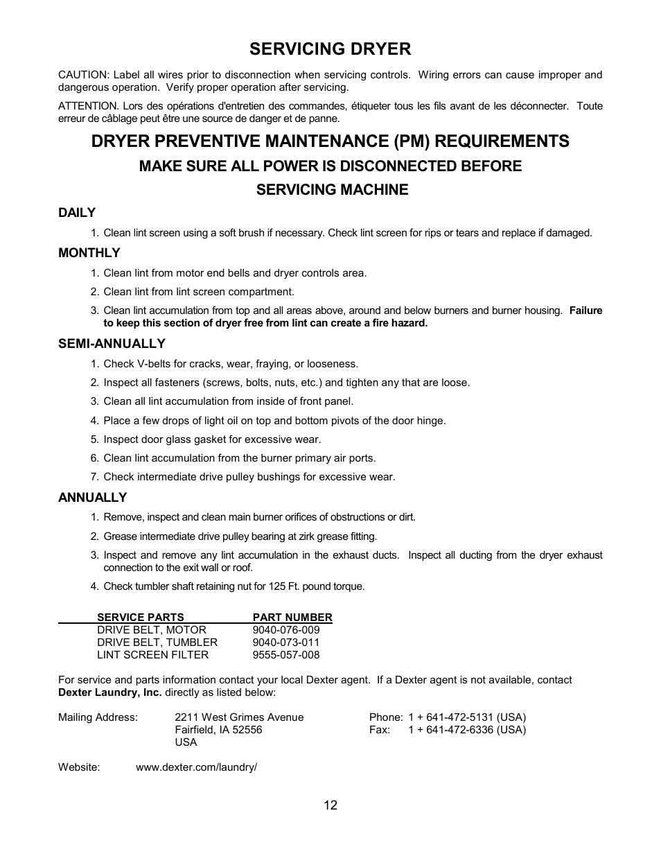 Servicing dryer, Dryer preventive maintenance (pm) requirements | Dexter Laundry T-50X2 EXPRESS (Commercial) User Manual | Page 12 / 13