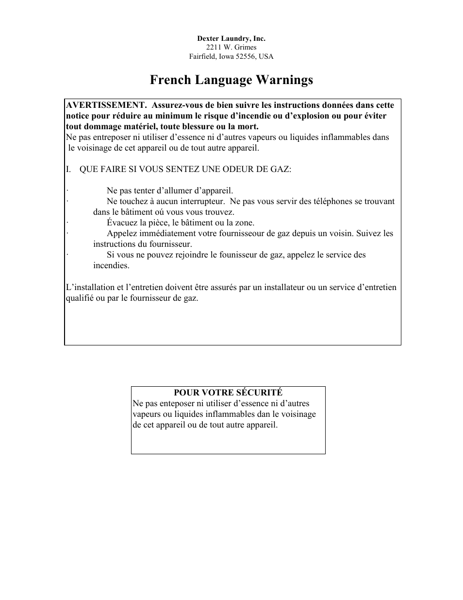 French language warnings | Dexter Laundry SWD EXPRESS - Dryer (On-Premise) User Manual | Page 2 / 13