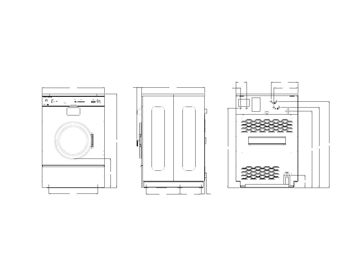 T1450 industrial washer mounting dimensions, Front side back | Dexter Laundry T-1450 EXPRESS (30-Cycle) User Manual | Page 5 / 34