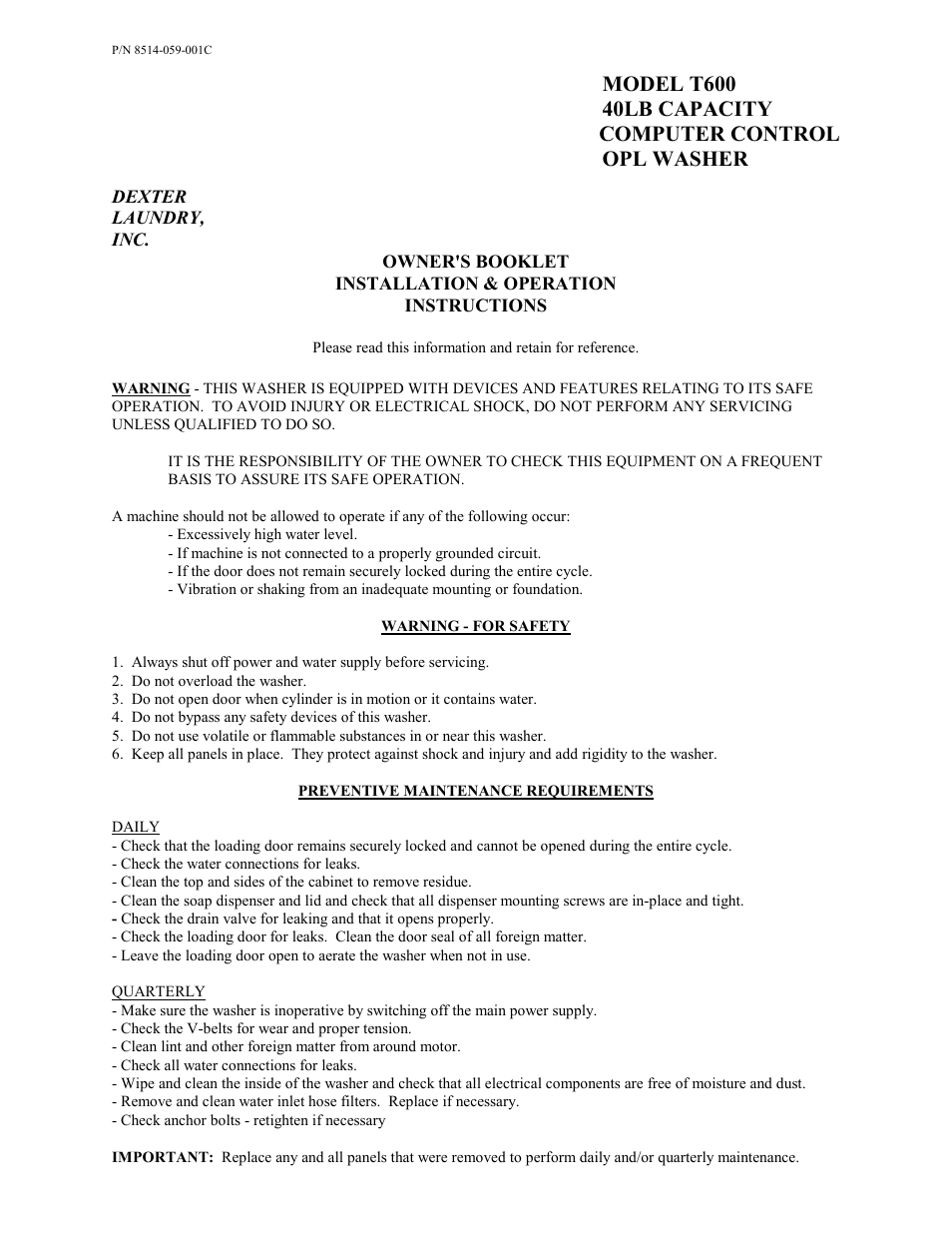 Dexter Laundry T-600 (On-Premise) User Manual | 17 pages