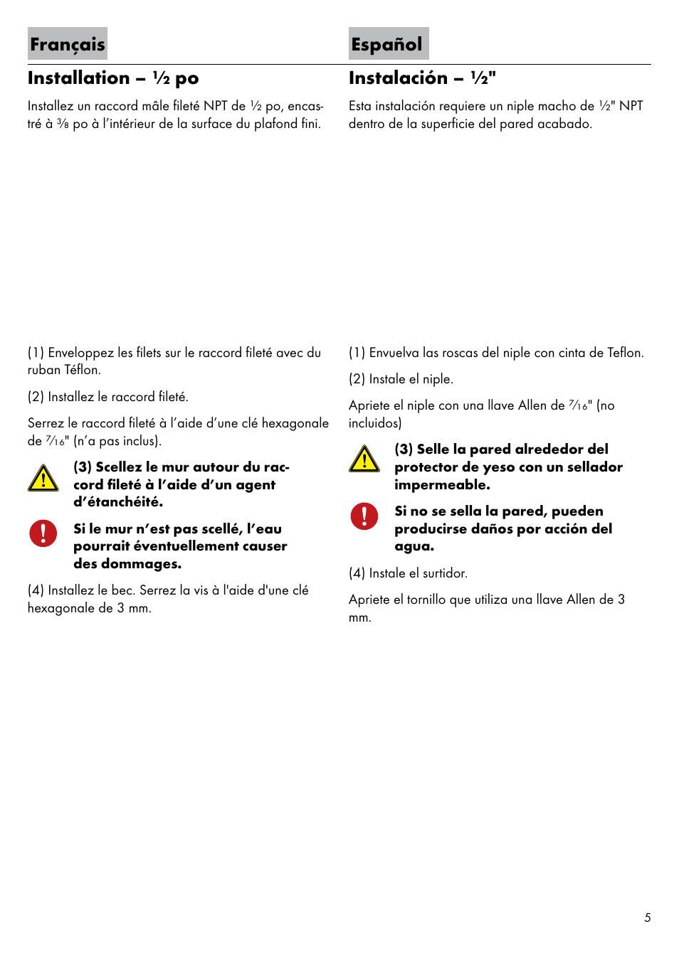 Français español instalación, Installation – ½ po | Factory Direct Hardware Hansgrohe 14148 Talis C User Manual | Page 5 / 12