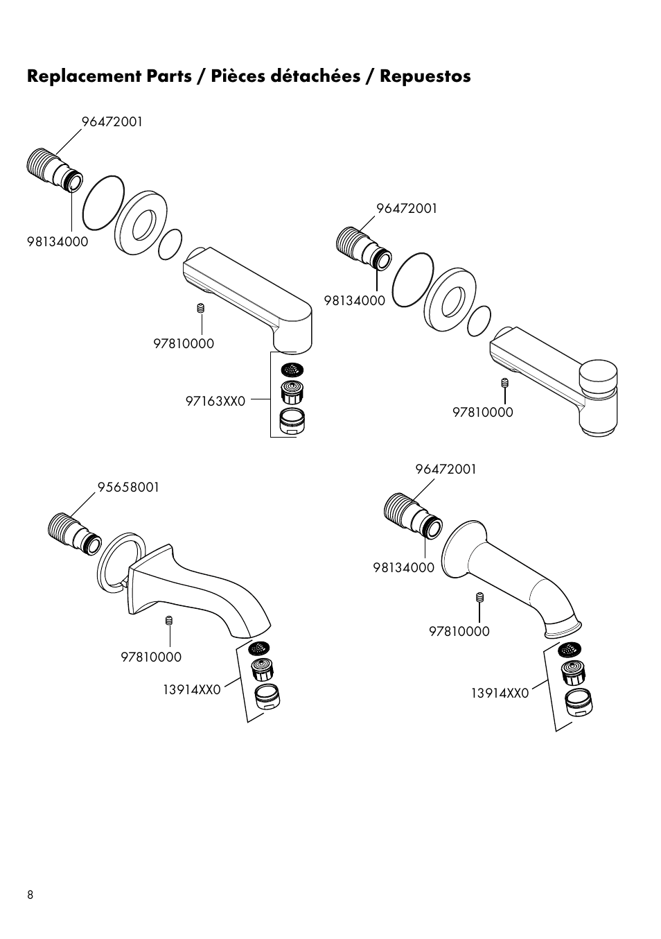 Replacement parts / pièces détachées / repuestos | Factory Direct Hardware Hansgrohe 14148 Talis C User Manual | Page 8 / 12