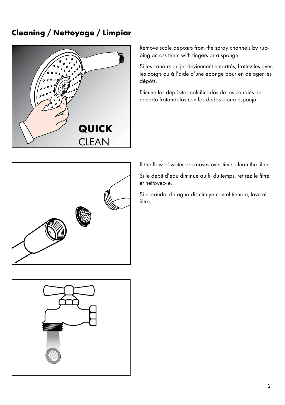 Quick clean, Cleaning / nettoyage / limpiar | Factory Direct Hardware Hansgrohe 11443 Axor Urquiola User Manual | Page 21 / 28