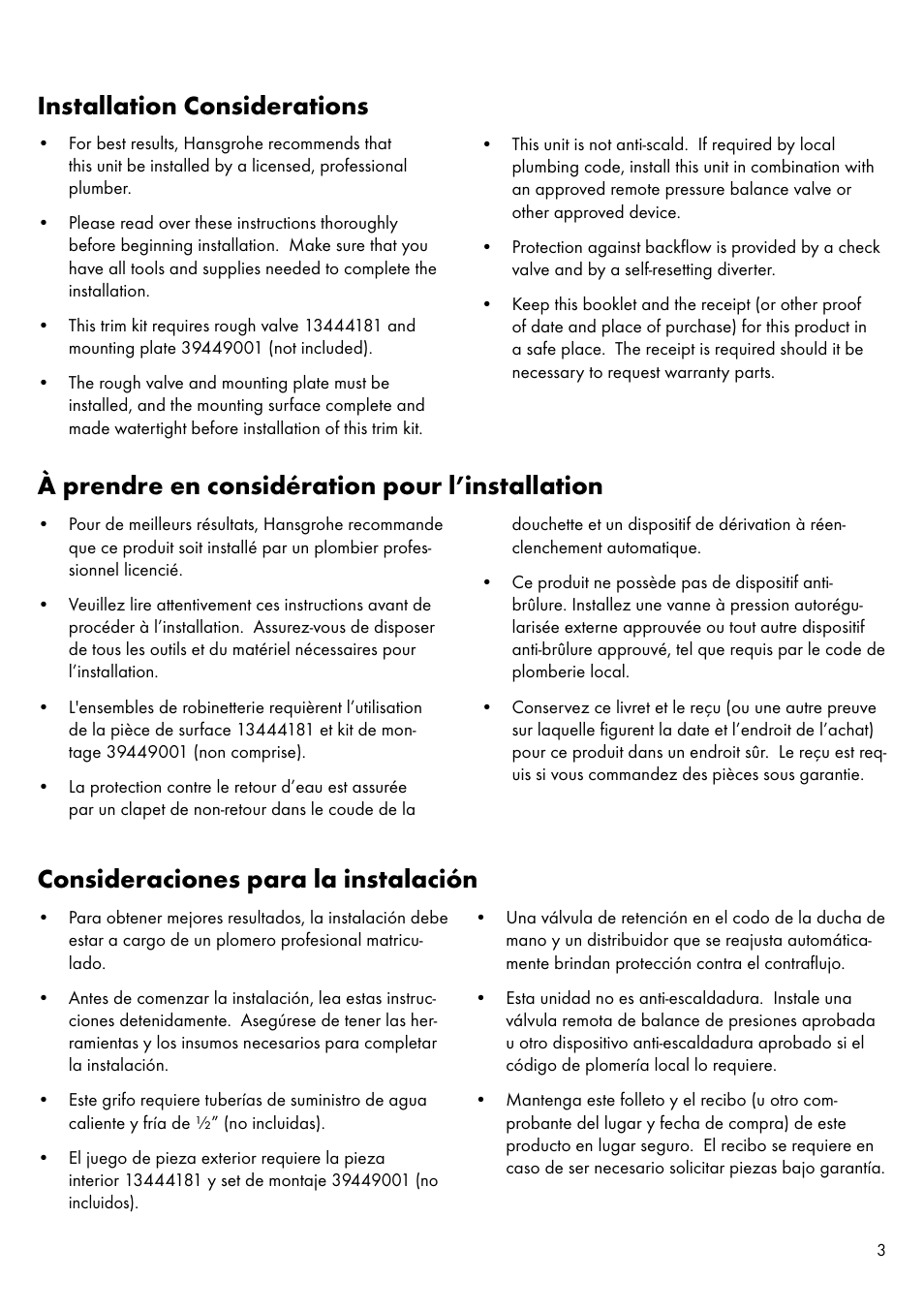 Installation considerations, À prendre en considération pour l’installation, Consideraciones para la instalación | Factory Direct Hardware Hansgrohe 11443 Axor Urquiola User Manual | Page 3 / 28