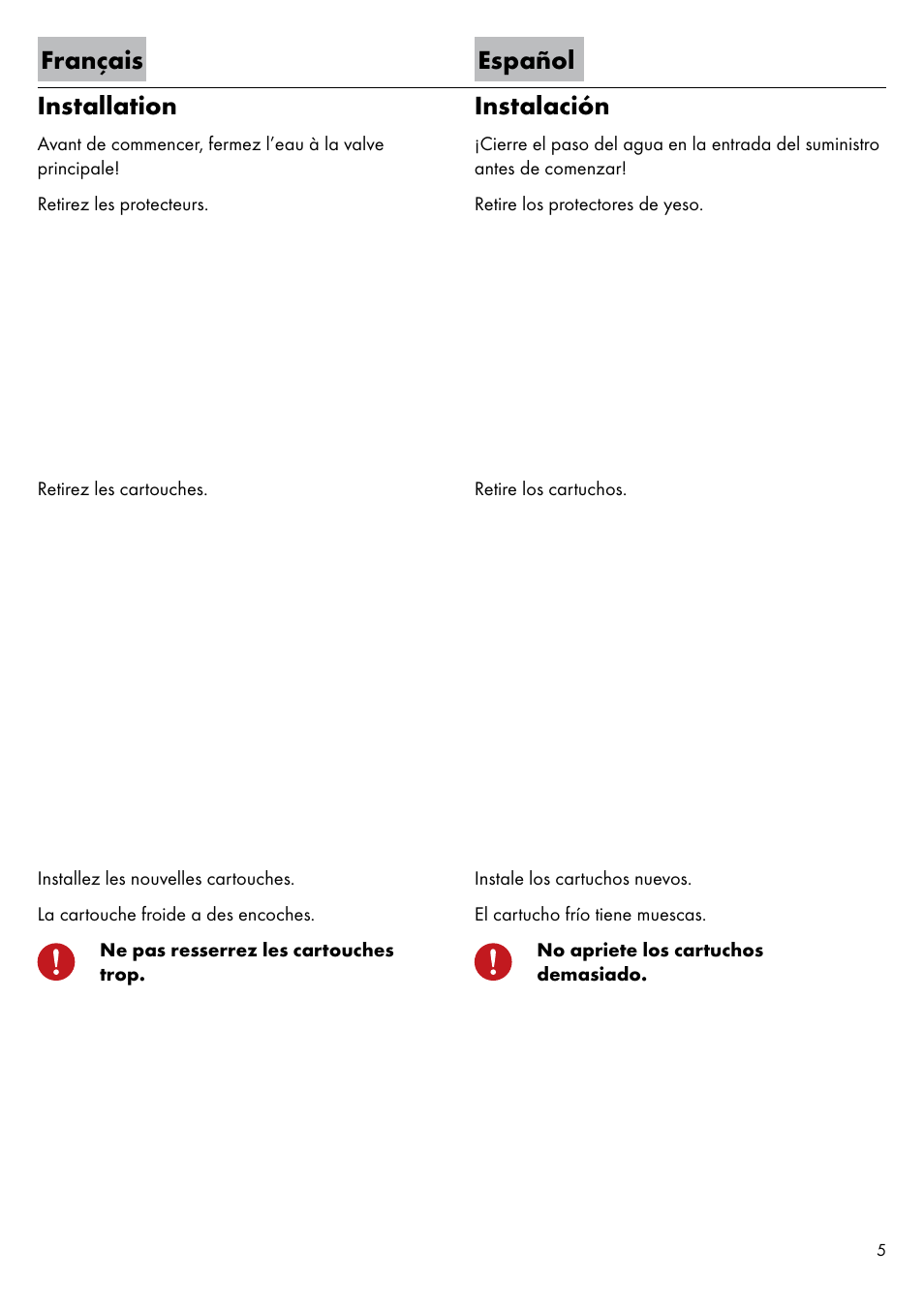 Français español installation, Instalación | Factory Direct Hardware Hansgrohe 11443 Axor Urquiola User Manual | Page 5 / 28