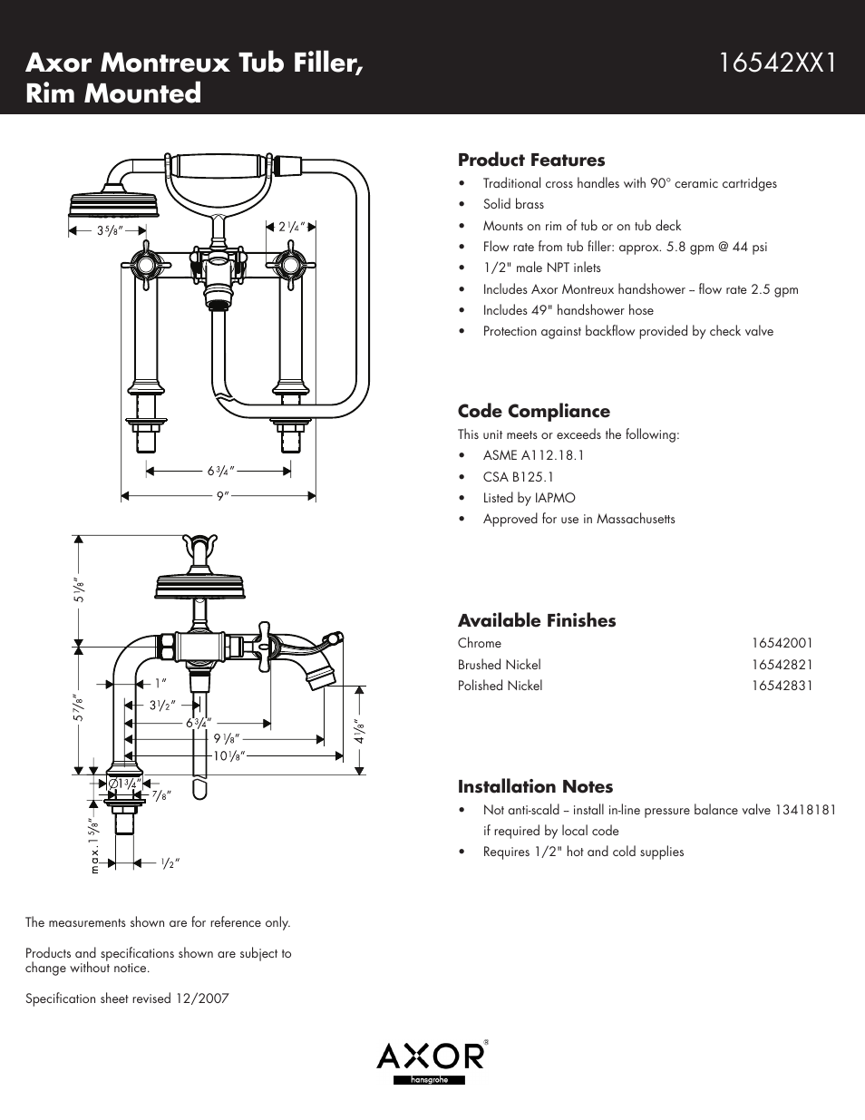 Factory Direct Hardware Hansgrohe 16542 Axor Montreux User Manual | 1 page