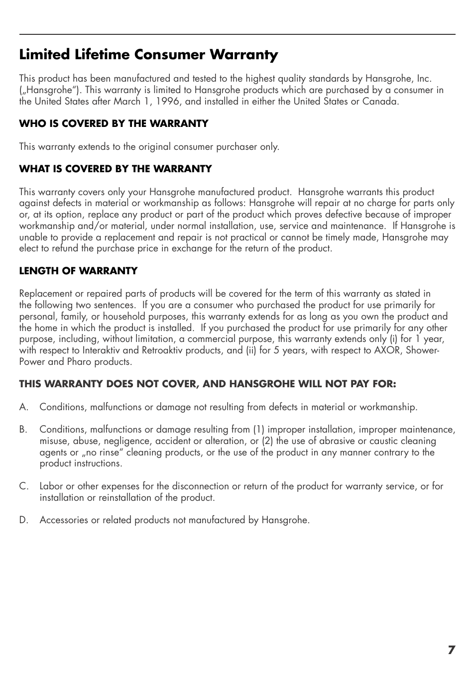 Limited lifetime consumer warranty | Factory Direct Hardware Hansgrohe 10882 Axor Starck User Manual | Page 7 / 8