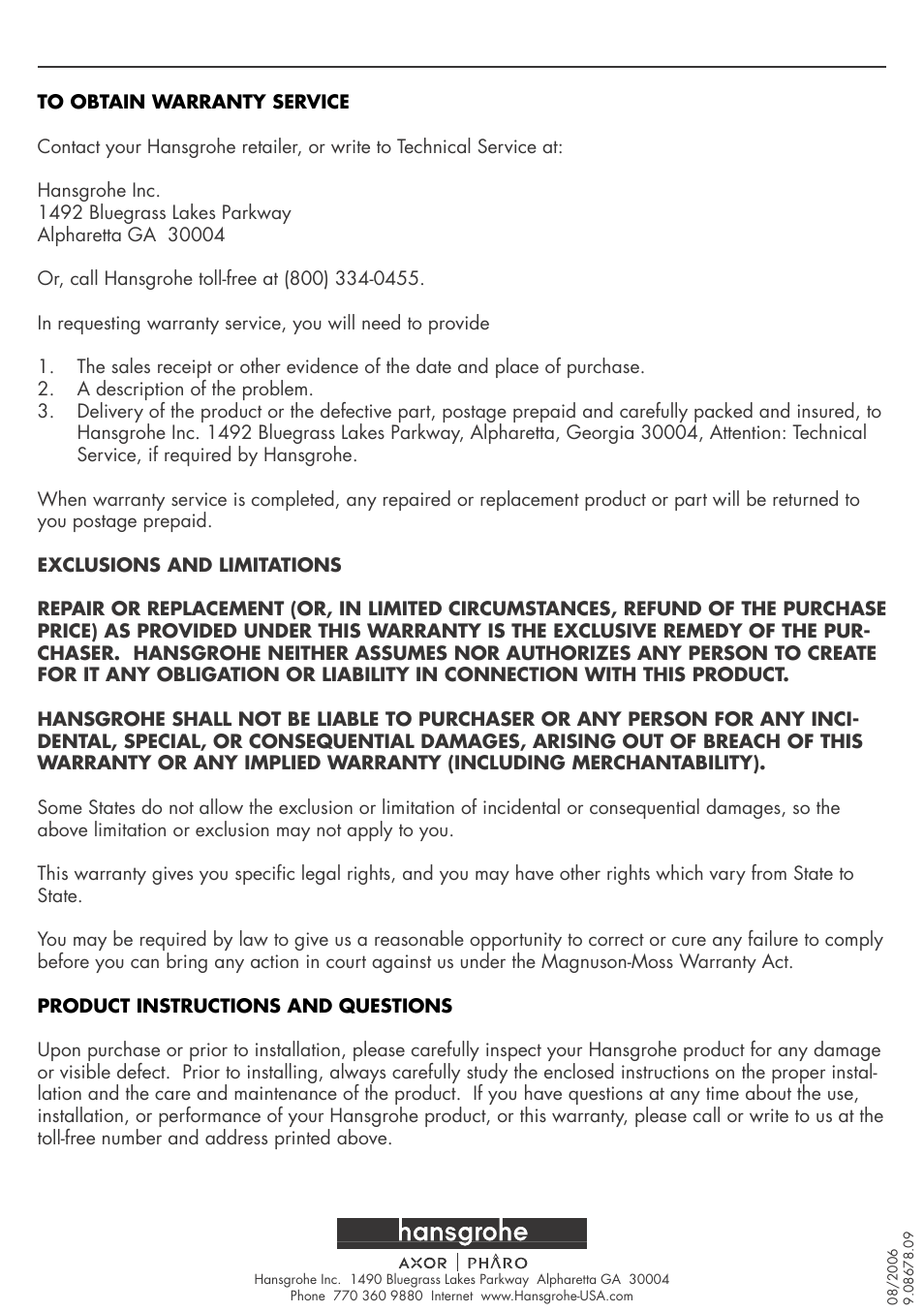 Factory Direct Hardware Hansgrohe 10882 Axor Starck User Manual | Page 8 / 8