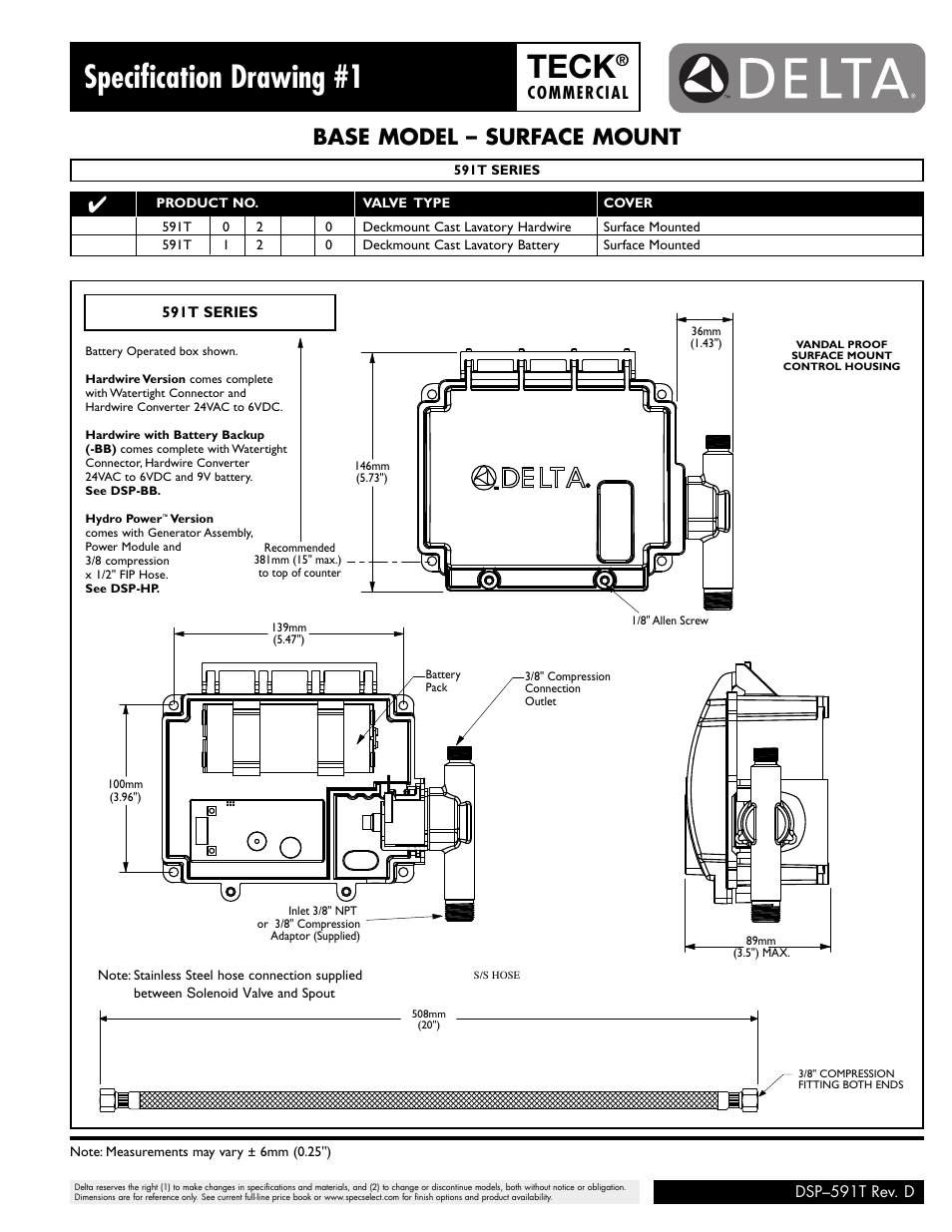 Teck, Specification drawing #1, Base model – surface mount | Commercial | Factory Direct Hardware Delta 591T1266 User Manual | Page 3 / 6
