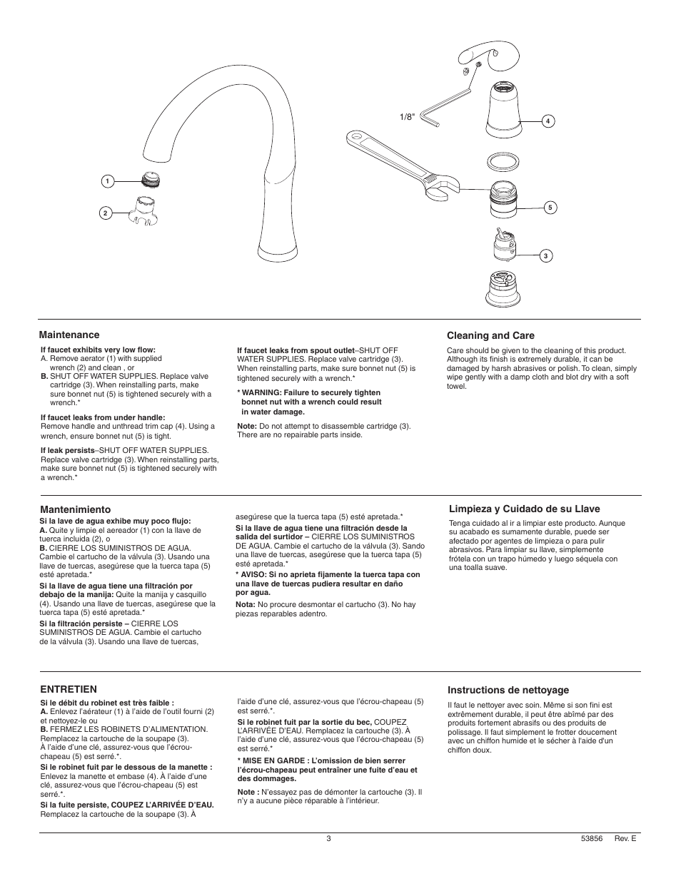 Mantenimiento, Maintenance, Cleaning and care | Instructions de nettoyage, Limpieza y cuidado de su llave, Entretien | Factory Direct Hardware Delta 4380-DST Pilar User Manual | Page 3 / 12