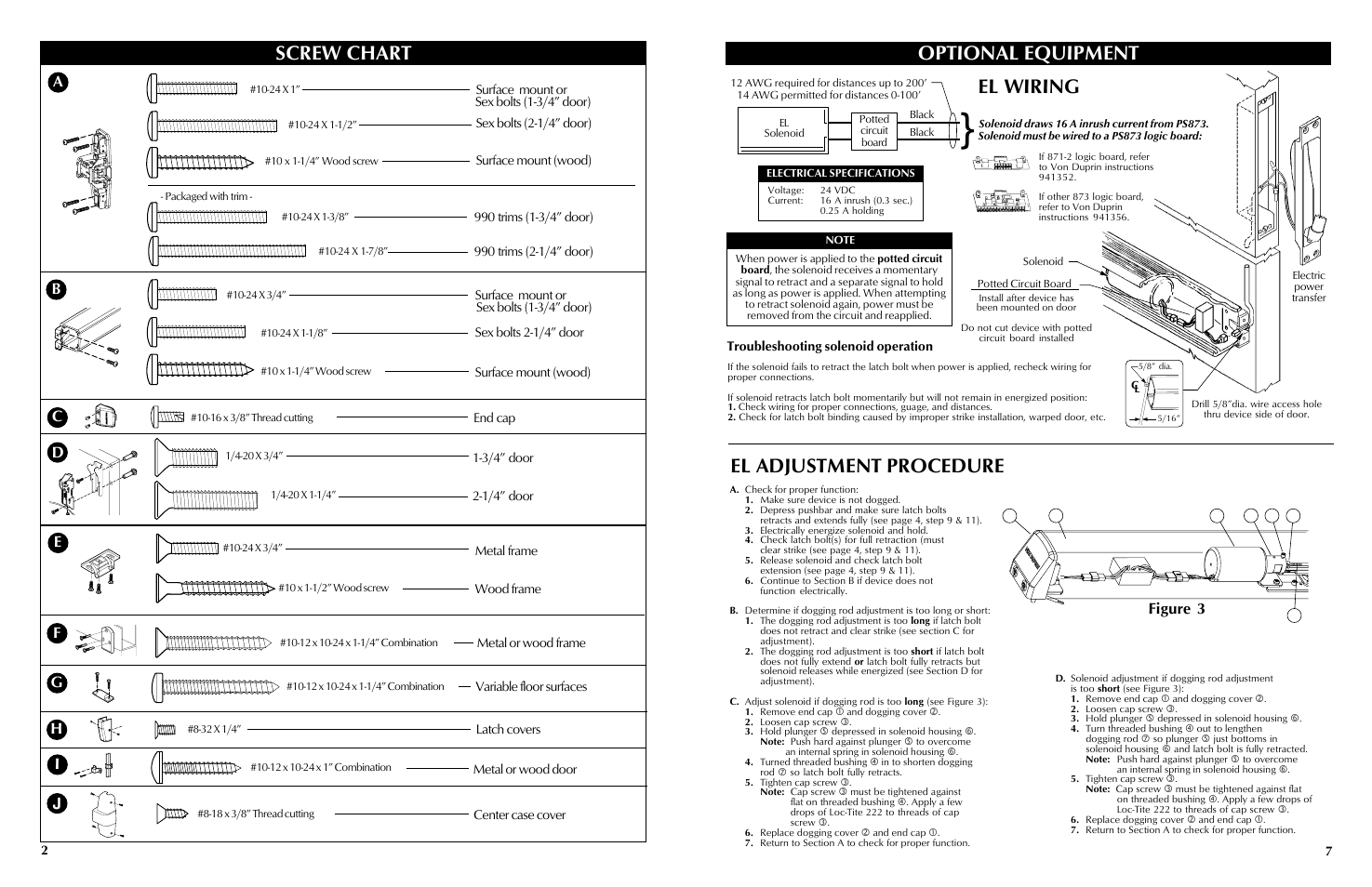 Screw chart, El wiring, El adjustment procedure | Optional equipment, Figure 3 | Factory Direct Hardware Von Duprin 9827EO4 User Manual | Page 2 / 4