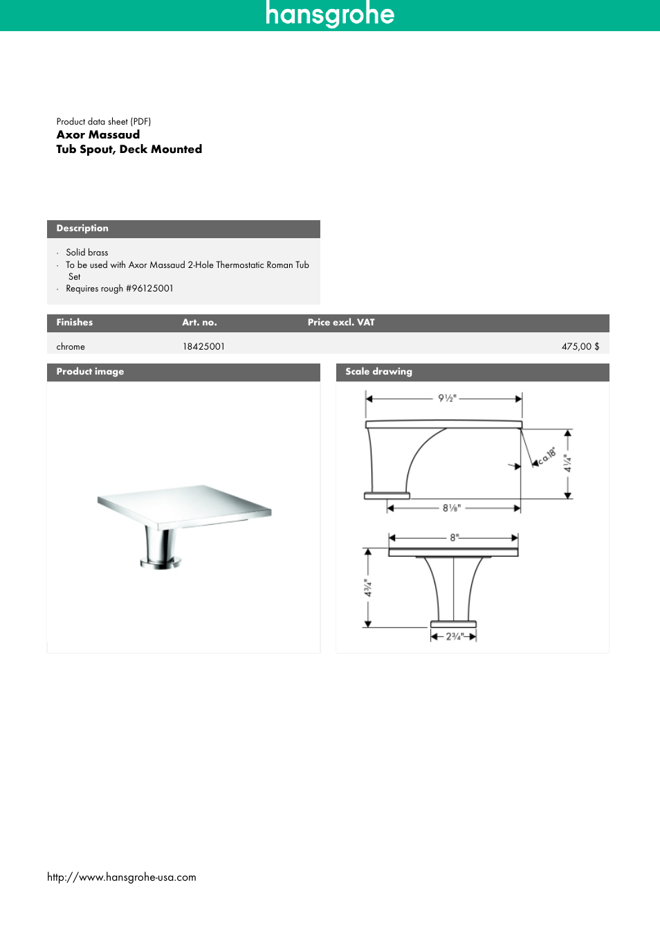 Factory Direct Hardware Hansgrohe 18425001 Axor Massaud User Manual | 1 page