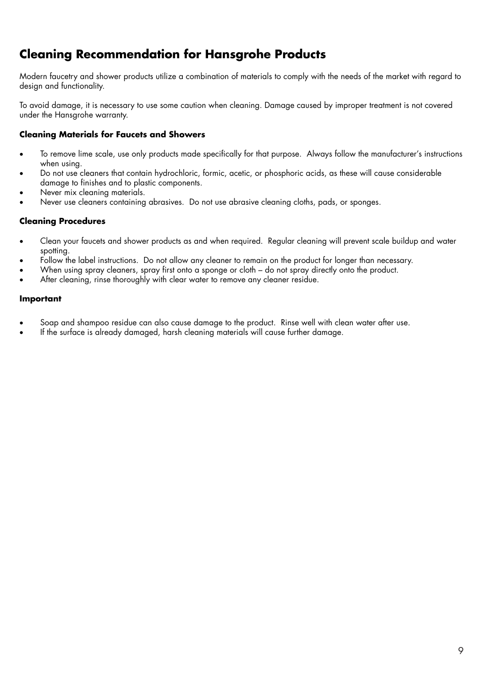 Cleaning recommendation for hansgrohe products | Factory Direct Hardware Hansgrohe 32310 User Manual | Page 9 / 12